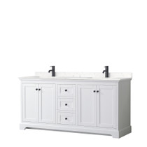 Avery 72 Inch Double Bathroom Vanity in White, Carrara Cultured Marble Countertop, Undermount Square Sinks, Matte Black Trim