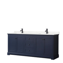 Avery 80 Inch Double Bathroom Vanity in Dark Blue, Carrara Cultured Marble Countertop, Undermount Square Sinks, Matte Black Trim