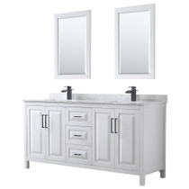 Daria 72 Inch Double Bathroom Vanity in White, White Carrara Marble Countertop, Undermount Square Sinks, Matte Black Trim, 24 Inch Mirrors
