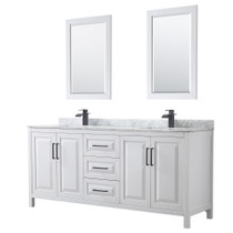 Daria 80 Inch Double Bathroom Vanity in White, White Carrara Marble Countertop, Undermount Square Sinks, Matte Black Trim, 24 Inch Mirrors