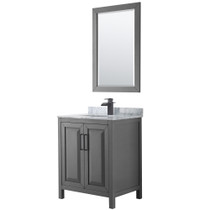 Daria 30 Inch Single Bathroom Vanity in Dark Gray, White Carrara Marble Countertop, Undermount Square Sink, Matte Black Trim, 24 Inch Mirror