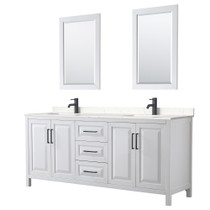 Daria 80 Inch Double Bathroom Vanity in White, Carrara Cultured Marble Countertop, Undermount Square Sinks, Matte Black Trim, 24 Inch Mirrors