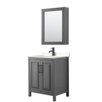 Daria 30 Inch Single Bathroom Vanity in Dark Gray, Carrara Cultured Marble Countertop, Undermount Square Sink, Matte Black Trim, Medicine Cabinet