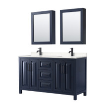 Daria 60 Inch Double Bathroom Vanity in Dark Blue, Carrara Cultured Marble Countertop, Undermount Square Sinks, Matte Black Trim, Medicine Cabinets