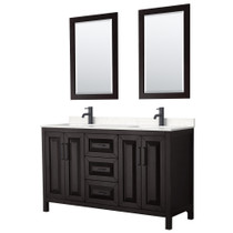 Daria 60 Inch Double Bathroom Vanity in Dark Espresso, Carrara Cultured Marble Countertop, Undermount Square Sinks, Matte Black Trim, 24 Inch Mirrors