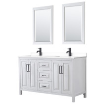 Daria 60 Inch Double Bathroom Vanity in White, White Cultured Marble Countertop, Undermount Square Sinks, Matte Black Trim, 24 Inch Mirrors