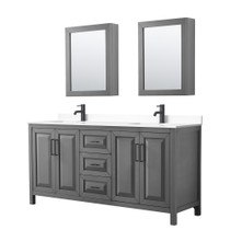 Daria 72 Inch Double Bathroom Vanity in Dark Gray, White Cultured Marble Countertop, Undermount Square Sinks, Matte Black Trim, Medicine Cabinets