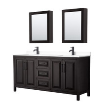 Daria 72 Inch Double Bathroom Vanity in Dark Espresso, White Cultured Marble Countertop, Undermount Square Sinks, Matte Black Trim, Medicine Cabinets