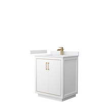 Icon 30 Inch Single Bathroom Vanity in White, White Cultured Marble Countertop, Undermount Square Sink, Satin Bronze Trim