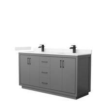 Icon 66 Inch Double Bathroom Vanity in Dark Gray, Carrara Cultured Marble Countertop, Undermount Square Sinks, Matte Black Trim