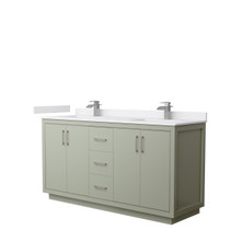 Icon 66 Inch Double Bathroom Vanity in Light Green, White Cultured Marble Countertop, Undermount Square Sinks, Brushed Nickel Trim