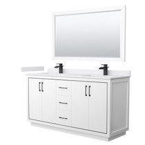 Icon 66 Inch Double Bathroom Vanity in White, White Cultured Marble Countertop, Undermount Square Sinks, Matte Black Trim, 58 Inch Mirror