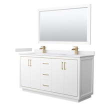 Icon 66 Inch Double Bathroom Vanity in White, White Cultured Marble Countertop, Undermount Square Sinks, Satin Bronze Trim, 58 Inch Mirror