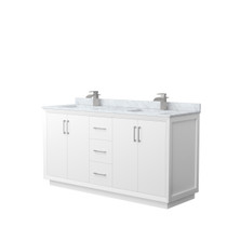 Strada 66 Inch Double Bathroom Vanity in White, White Carrara Marble Countertop, Undermount Square Sink, Brushed Nickel Trim