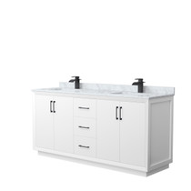 Strada 72 Inch Double Bathroom Vanity in White, White Carrara Marble Countertop, Undermount Square Sink, Matte Black Trim