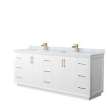 Strada 84 Inch Double Bathroom Vanity in White, White Carrara Marble Countertop, Undermount Square Sink, Satin Bronze Trim