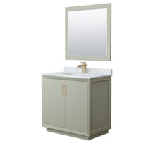 Strada 36 Inch Single Bathroom Vanity in Light Green, White Carrara Marble Countertop, Undermount Square Sink, Satin Bronze Trim, 34 Inch Mirror