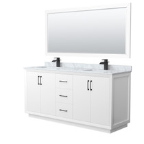 Strada 72 Inch Double Bathroom Vanity in White, White Carrara Marble Countertop, Undermount Square Sink, Matte Black Trim, 70 Inch Mirror