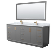 Strada 84 Inch Double Bathroom Vanity in Dark Gray, White Carrara Marble Countertop, Undermount Square Sink, Satin Bronze Trim, 70 Inch Mirror