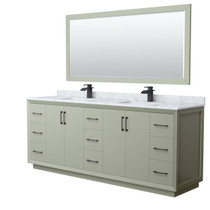 Strada 84 Inch Double Bathroom Vanity in Light Green, White Carrara Marble Countertop, Undermount Square Sinks, Matte Black Trim, 70 Inch Mirror