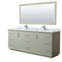 Strada 84 Inch Double Bathroom Vanity in Light Green, White Carrara Marble Countertop, Undermount Square Sinks, Brushed Nickel Trim, 70 Inch Mirror