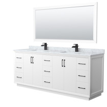 Strada 84 Inch Double Bathroom Vanity in White, White Carrara Marble Countertop, Undermount Square Sink, Matte Black Trim, 70 Inch Mirror