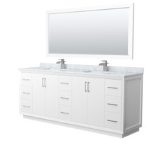 Strada 84 Inch Double Bathroom Vanity in White, White Carrara Marble Countertop, Undermount Square Sink, Brushed Nickel Trim, 70 Inch Mirror
