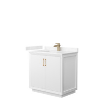 Strada 36 Inch Single Bathroom Vanity in White, Carrara Cultured Marble Countertop, Undermount Square Sink, Satin Bronze Trim