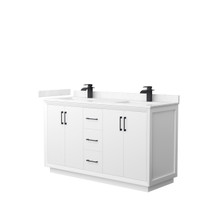 Strada 60 Inch Double Bathroom Vanity in White, Carrara Cultured Marble Countertop, Undermount Square Sink, Matte Black Trim