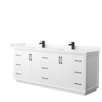 Strada 84 Inch Double Bathroom Vanity in White, Carrara Cultured Marble Countertop, Undermount Square Sink, Matte Black Trim