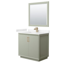 Strada 36 Inch Single Bathroom Vanity in Light Green, Carrara Cultured Marble Countertop, Undermount Square Sink, Satin Bronze Trim, 34 Inch Mirror