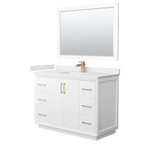Strada 48 Inch Single Bathroom Vanity in White, White Cultured Marble Countertop, Undermount Square Sink, Satin Bronze Trim, 46 Inch Mirror
