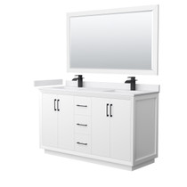 Strada 60 Inch Double Bathroom Vanity in White, White Cultured Marble Countertop, Undermount Square Sink, Matte Black Trim, 58 Inch Mirror