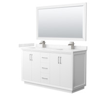 Strada 60 Inch Double Bathroom Vanity in White, Carrara Cultured Marble Countertop, Undermount Square Sink, Brushed Nickel Trim, 58 Inch Mirror
