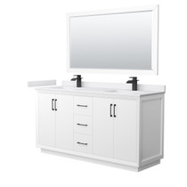 Strada 66 Inch Double Bathroom Vanity in White, White Cultured Marble Countertop, Undermount Square Sink, Matte Black Trim, 58 Inch Mirror