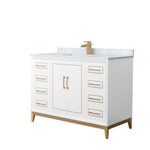 Marlena 48 Inch Single Bathroom Vanity in White, White Carrara Marble Countertop, Undermount Square Sink, Satin Bronze Trim