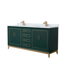 Marlena 72 Inch Double Bathroom Vanity in Green, White Carrara Marble Countertop, Undermount Square Sinks, Satin Bronze Trim