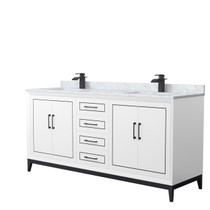 Marlena 72 Inch Double Bathroom Vanity in White, White Carrara Marble Countertop, Undermount Square Sinks, Matte Black Trim