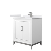 Marlena 30 Inch Single Bathroom Vanity in White, White Cultured Marble Countertop, Undermount Square Sink, Brushed Nickel Trim