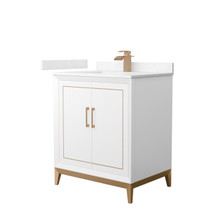 Marlena 30 Inch Single Bathroom Vanity in White, Carrara Cultured Marble Countertop, Undermount Square Sink, Satin Bronze Trim