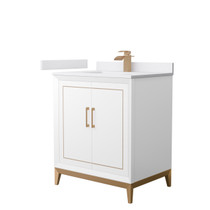 Marlena 30 Inch Single Bathroom Vanity in White, White Cultured Marble Countertop, Undermount Square Sink, Satin Bronze Trim