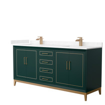 Marlena 72 Inch Double Bathroom Vanity in Green, Carrara Cultured Marble Countertop, Undermount Square Sinks, Satin Bronze Trim