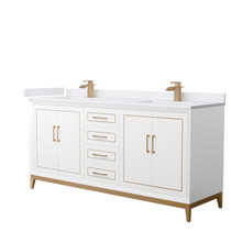 Marlena 72 Inch Double Bathroom Vanity in White, White Cultured Marble Countertop, Undermount Square Sinks, Satin Bronze Trim