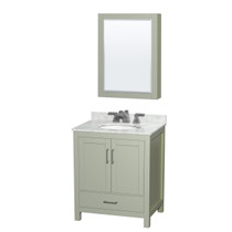 Sheffield 30 inch Single Bathroom Vanity in Light Green, White Carrara Marble Countertop, Undermount Oval Sink, Brushed Nickel Trim, Medicine Cabinet