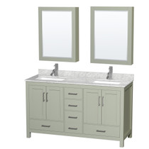 Sheffield 60 inch Double Bathroom Vanity in Light Green, White Carrara Marble Countertop, Undermount Square Sinks, Brushed Nickel Trim, Medicine Cabinets