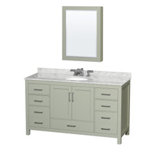 Sheffield 60 inch Single Bathroom Vanity in Light Green, White Carrara Marble Countertop, Undermount Oval Sink, Brushed Nickel Trim, Medicine Cabinet