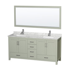 Sheffield 72 inch Double Bathroom Vanity in Light Green, White Carrara Marble Countertop, Undermount Square Sinks, Brushed Nickel Trim, 70 inch Mirror