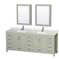 Sheffield 84 inch Double Bathroom Vanity in Light Green, White Carrara Marble Countertop, Undermount Square Sinks, Brushed Nickel Trim, Medicine Cabinets