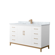 Amici 60 Inch Single Bathroom Vanity in White, White Carrara Marble Countertop, Undermount Square Sink, Satin Bronze Trim