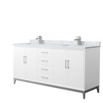 Amici 72 Inch Double Bathroom Vanity in White, White Carrara Marble Countertop, Undermount Square Sinks, Brushed Nickel Trim